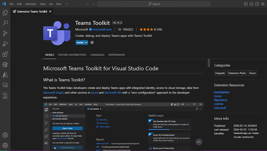 Captura de ecrã a mostrar como selecionar o Toolkit do Teams no Visual Studio Code.